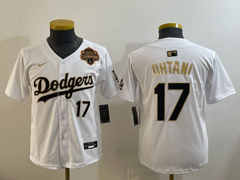 Youth 2026 Los Angeles Dodgers #17 Ohtani White Gold Game Nike MLB Jersey style 005->youth mlb jersey->Youth Jersey